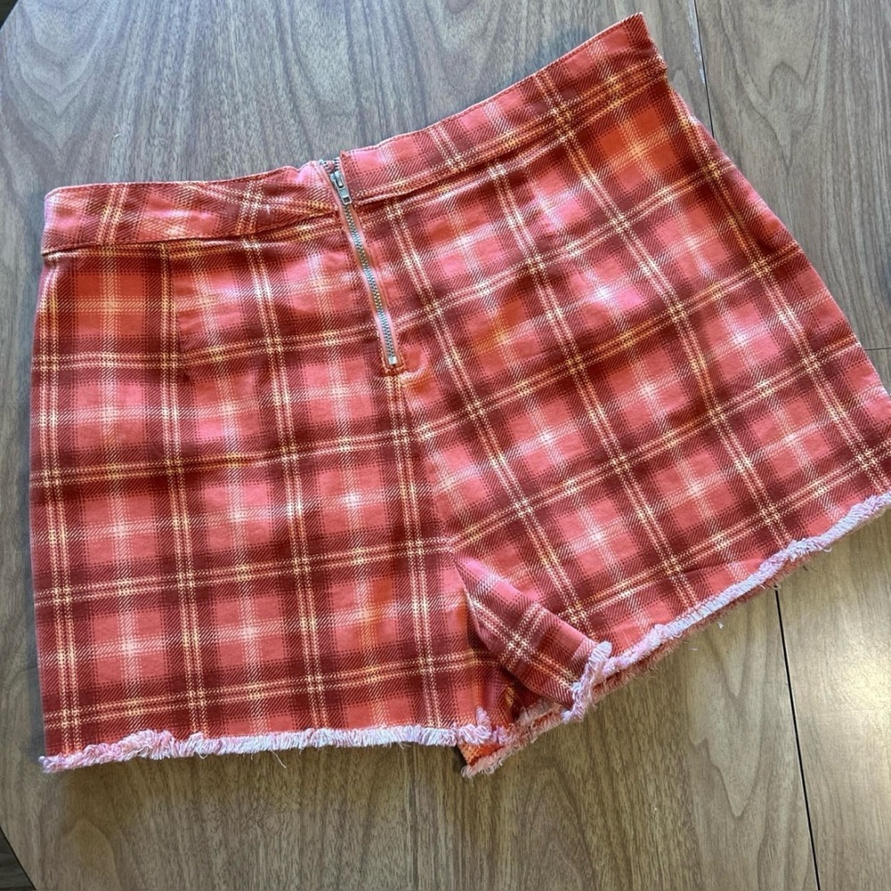 Vintage Y2K Plaid Mini Skirt Skort with Shorts Coral Orange Yellow Tartan Sz 15 - Picture 3 of 5